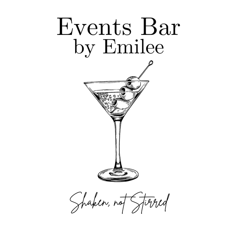 The logo for Events Bar by Emilee. A martini glass with 3 olives and the words around it say Events Bar by Emilee and Shaken, not stirred. Mobile bartender for Weddings, Parties, Showers, all special events.